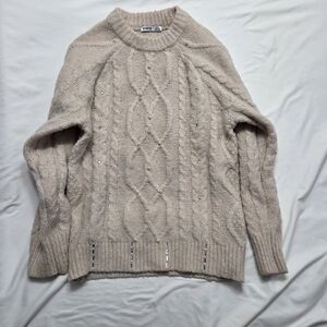 DEVOTED Cream Cable Knit Sweater Faux Pearl Rhinestone Embellished Size S
